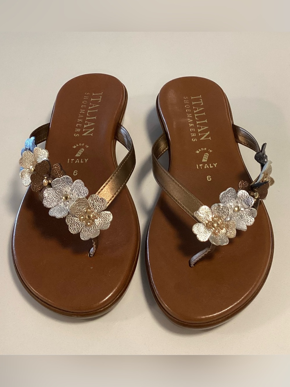 Italian Shoemakers: Sparkling Metallic Rhinestone Flower Sandals (subtle wedge)